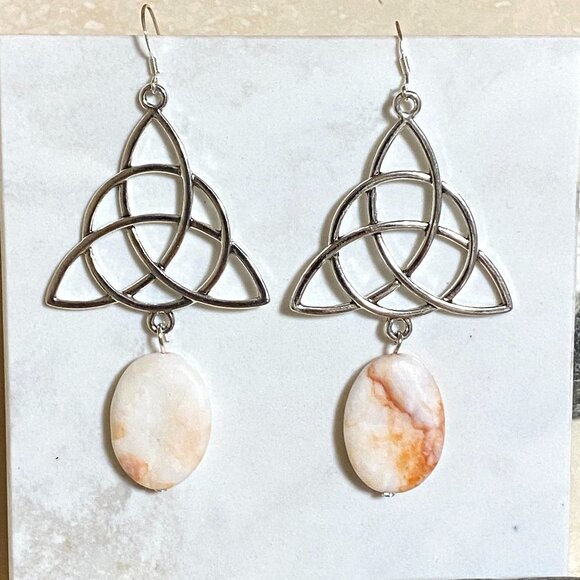 2/$20, Genuine Red Vein Marble Celtic Trinity Sterling Silver Dangle Earrings - Picture 1 of 9